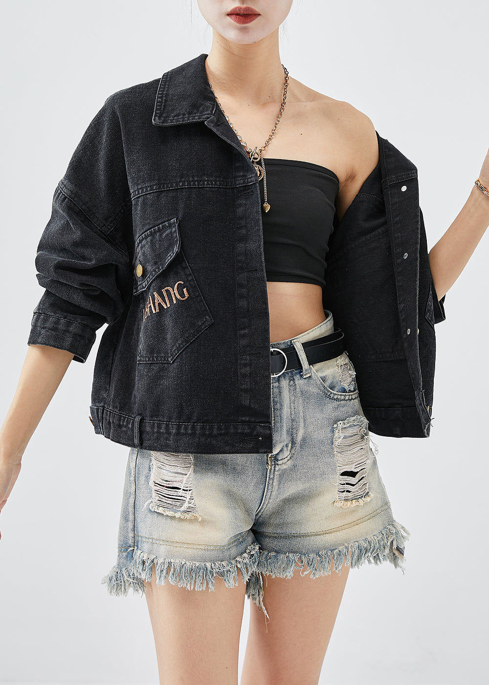 Boutique Black Embroideried Letter Butterfly Denim Jacket Fall