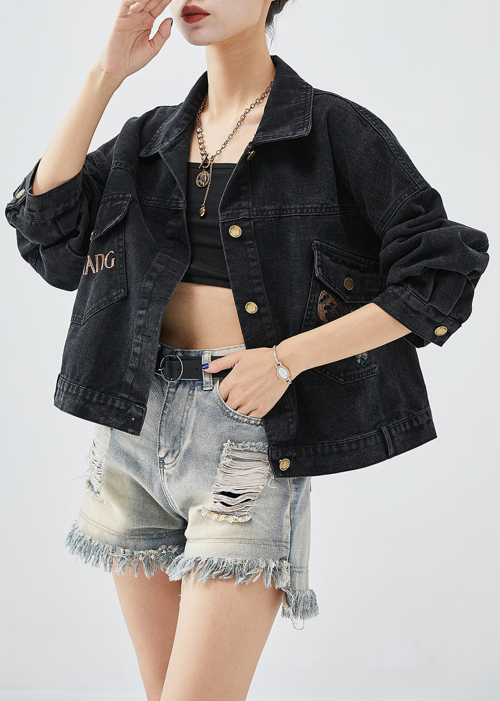 Boutique Black Embroideried Letter Butterfly Denim Jacket Fall