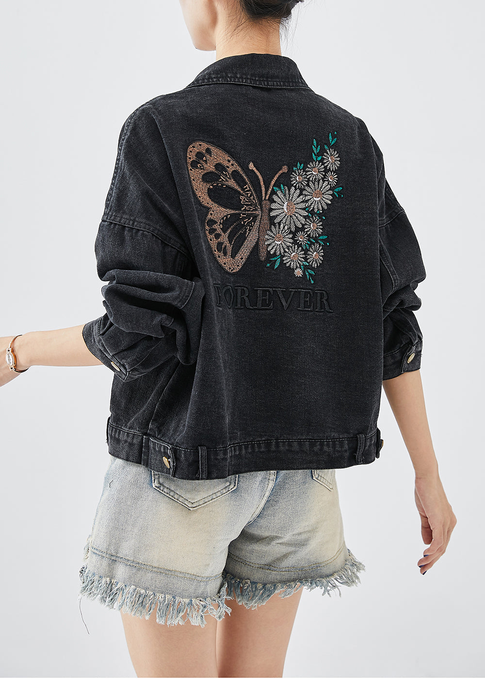 Boutique Black Embroideried Letter Butterfly Denim Jacket Fall