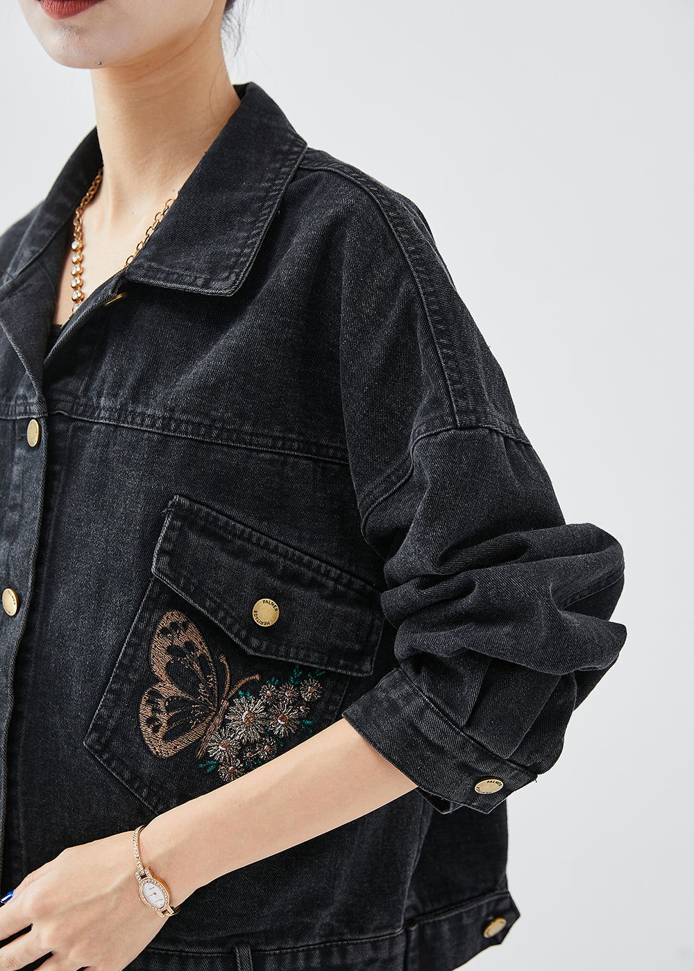 Boutique Black Embroideried Letter Butterfly Denim Jacket Fall