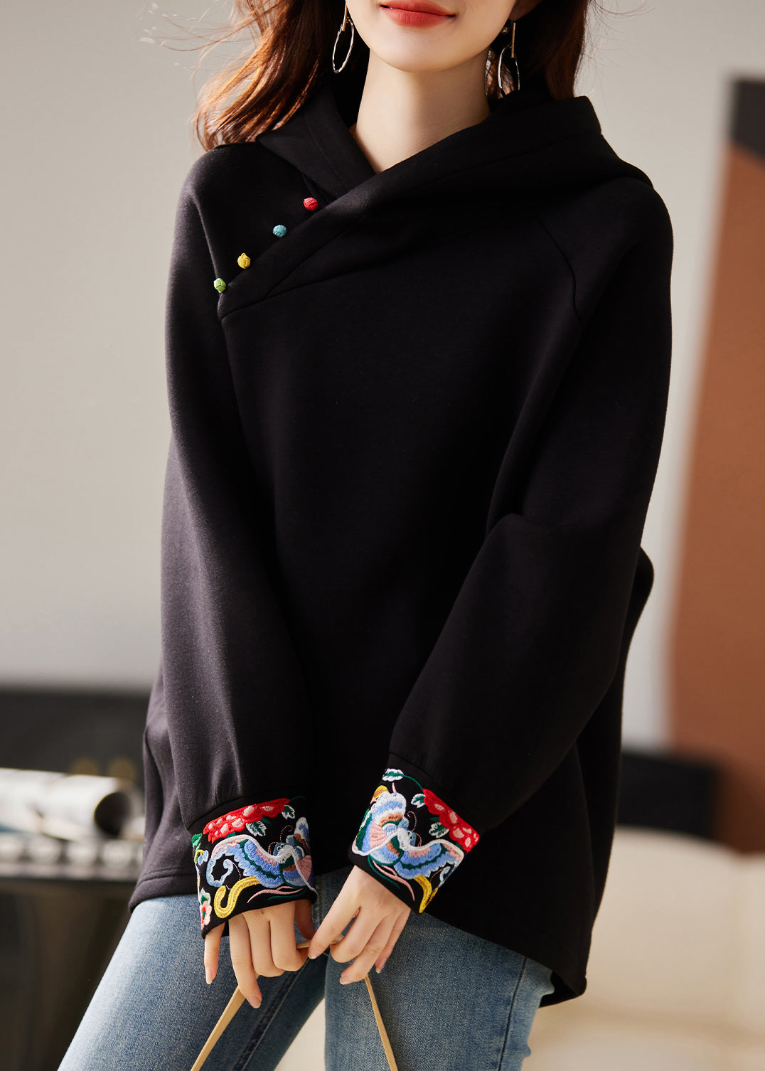 Boutique Black Hooded Embroideried Warm Fleece Sweatshirts Top Spring