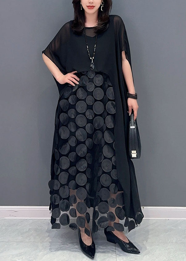 Boutique Black O-Neck Asymmetrical Patchwork Chiffon Two Pieces