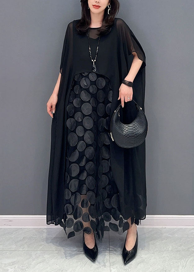 Boutique Black O-Neck Asymmetrical Patchwork Chiffon Two Pieces