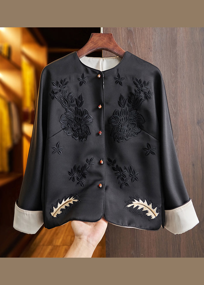 Boutique Black O-Neck Embroideried Patchwork Silk Coats Fall