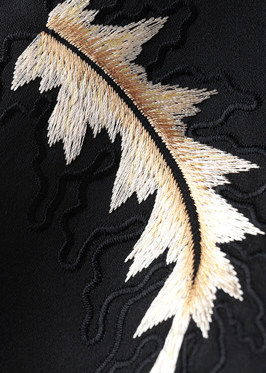 Boutique Black O-Neck Embroidered Patchwork Silk Coats Fall
