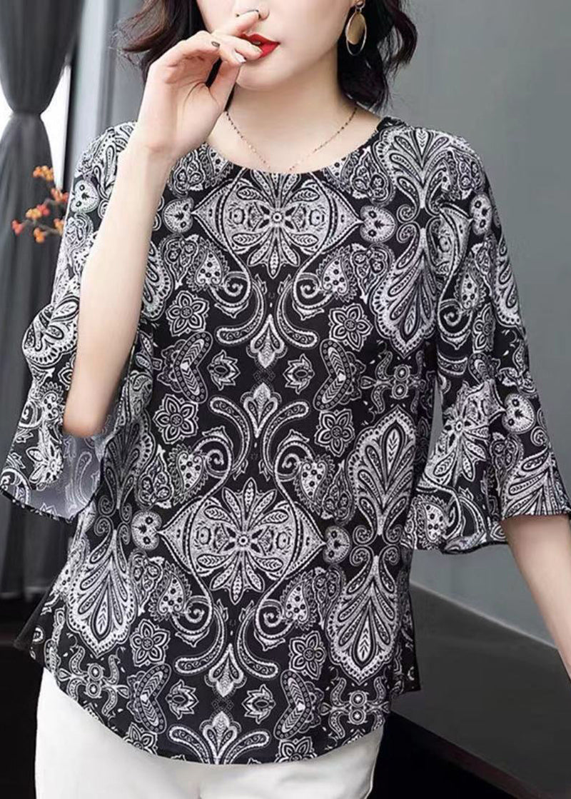 Boutique Black O-Neck Print Chiffon Shirt Tops Flare Sleeve