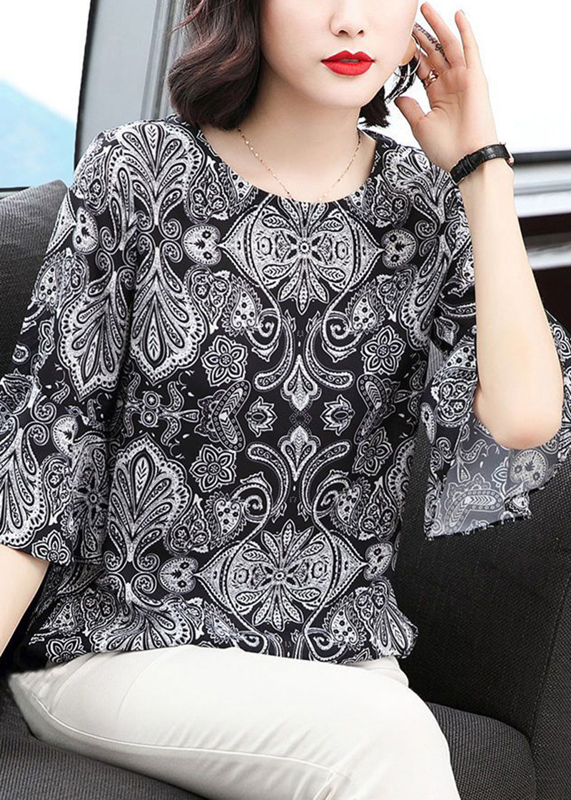 Boutique Black O-Neck Print Chiffon Shirt Tops Flare Sleeve