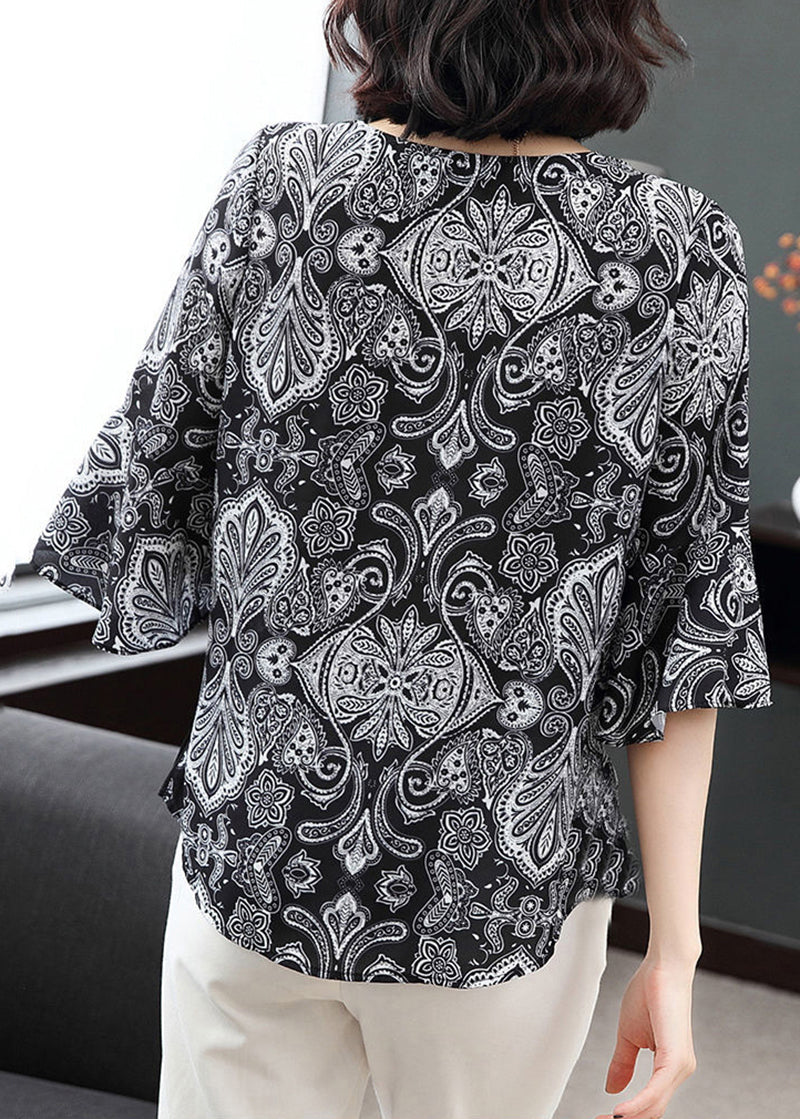 Boutique Black O-Neck Print Chiffon Shirt Tops Flare Sleeve