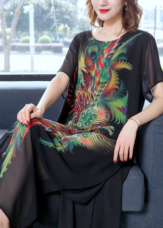 Boutique Black O Neck Print Patchwork Chiffon Dresses Summer