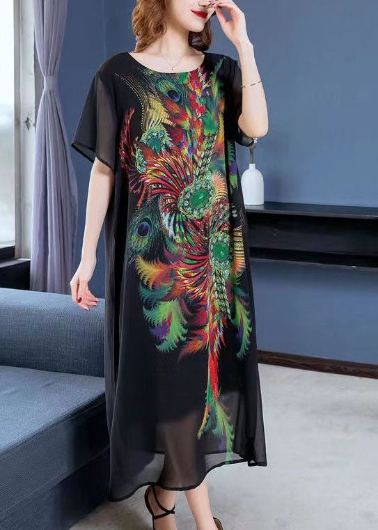 Boutique Black O Neck Print Patchwork Chiffon Dresses Summer