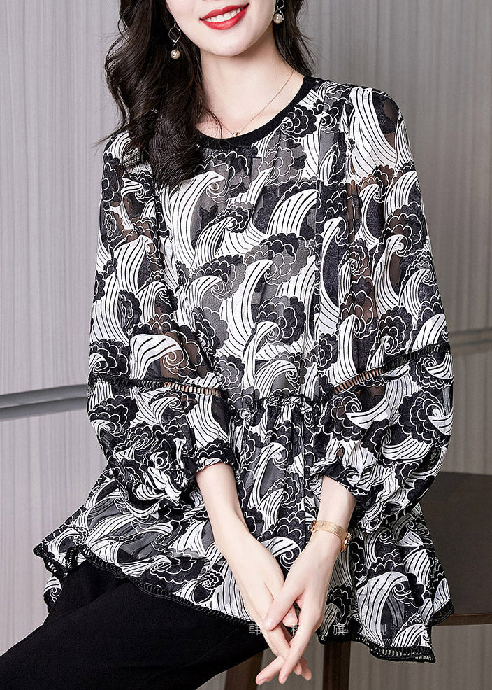 Boutique Black O-Neck Print Wrinkled Chiffon Shirts Lantern Sleeve