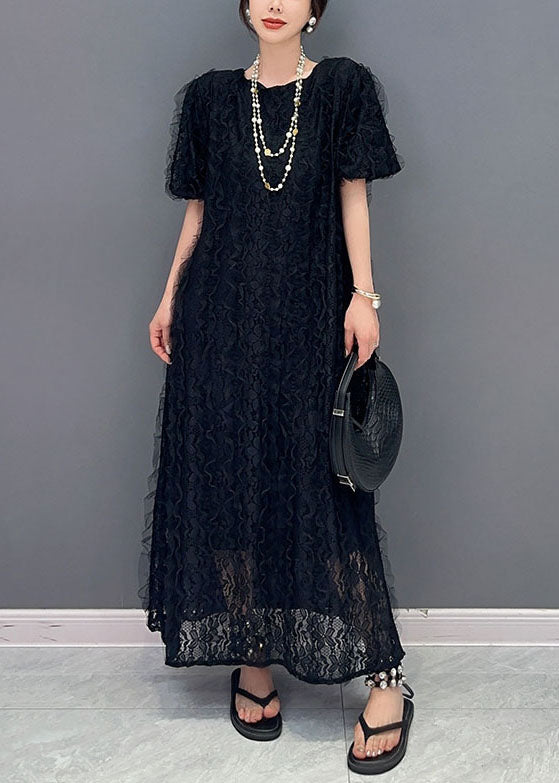 Boutique Black O-Neck Ruffled Patchwork Long Lace Dress