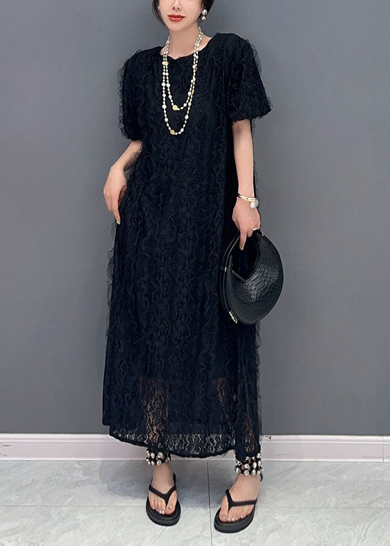 Boutique Black O-Neck Ruffled Patchwork Long Lace Dress