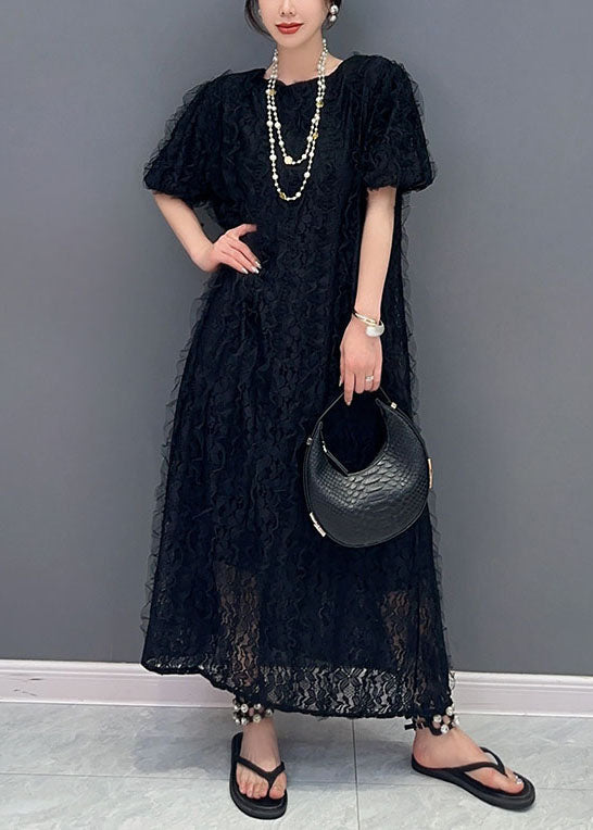 Boutique Black O-Neck Ruffled Patchwork Long Lace Dress