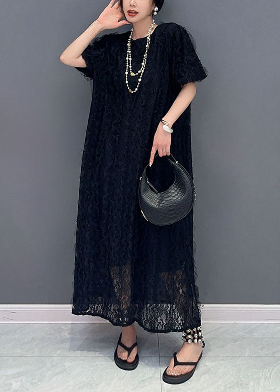 Boutique Black O-Neck Ruffled Patchwork Long Lace Dress