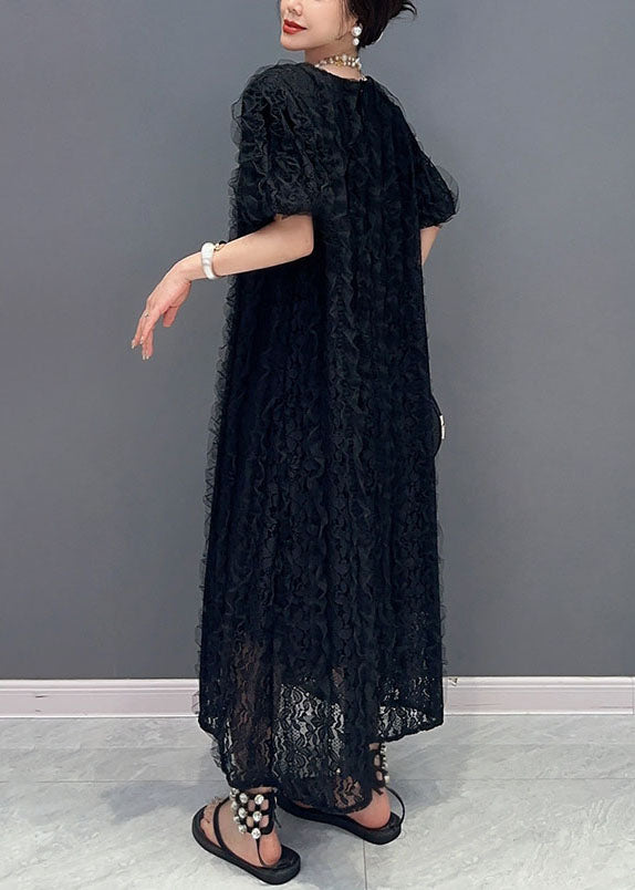 Boutique Black O-Neck Ruffled Patchwork Long Lace Dress