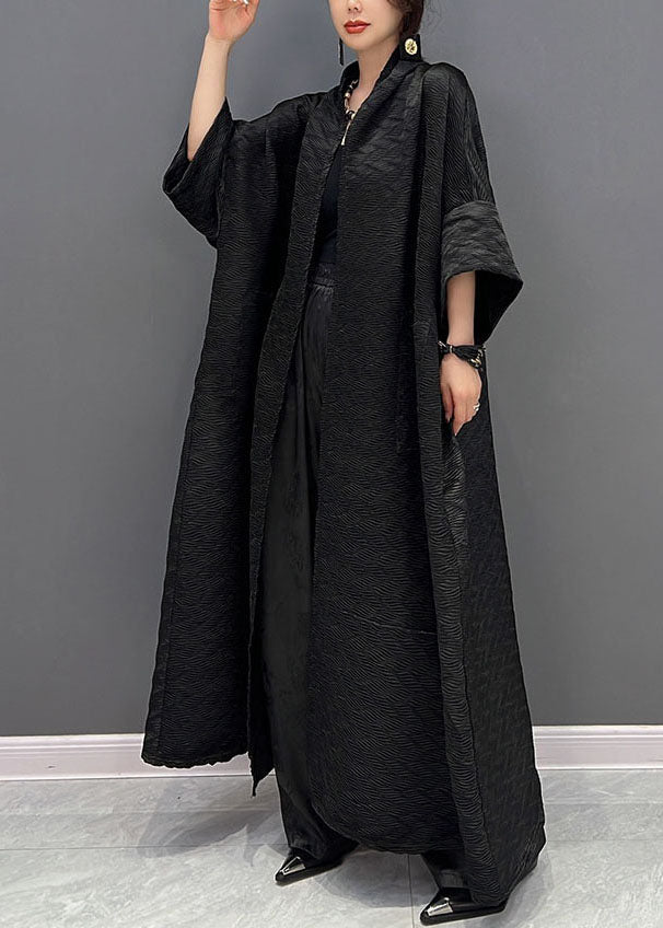Boutique Black Oversized Pockets Jacquard Silk Trench Coats Fall