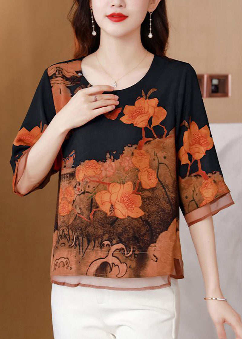 Boutique Black Oversized Print Silk Blouse Tops Half Sleeve