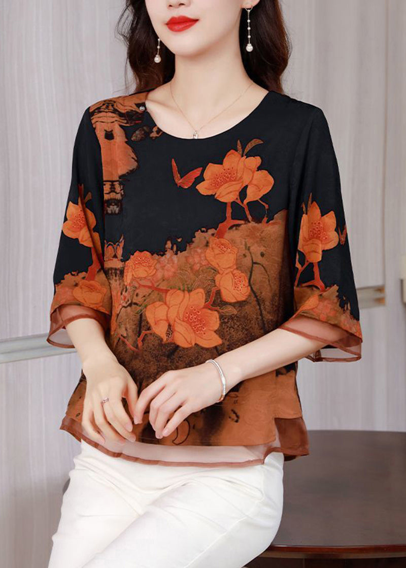 Boutique Black Oversized Print Silk Blouse Tops Half Sleeve