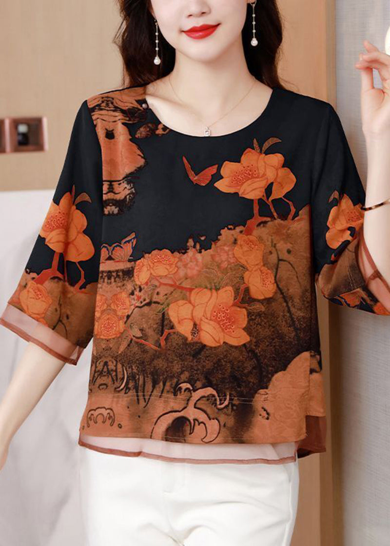 Boutique Black Oversized Print Silk Blouse Tops Half Sleeve