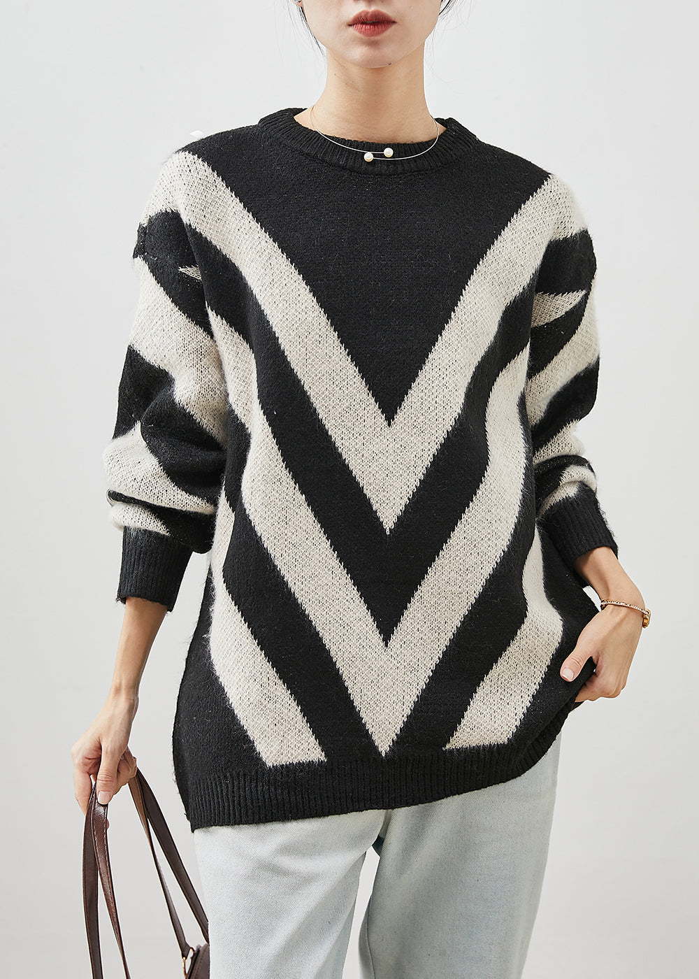 Boutique Black Oversized Striped Knit Sweater Winter