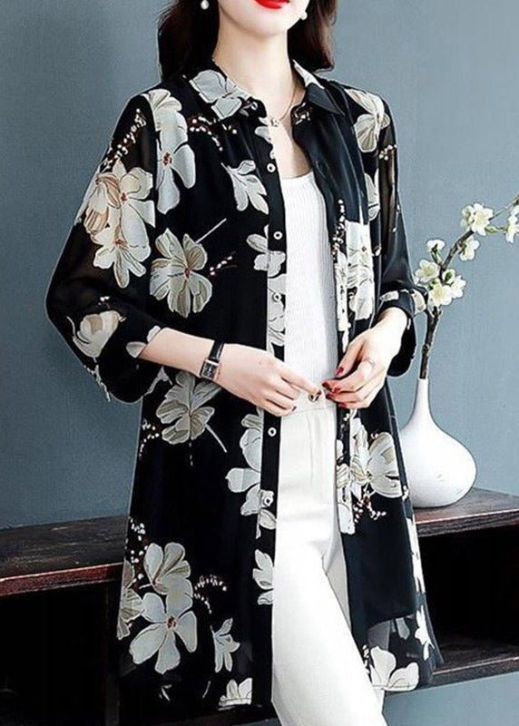 Boutique Black Peter Pan Collar Print Button Chiffon Shirts Long Sleeve