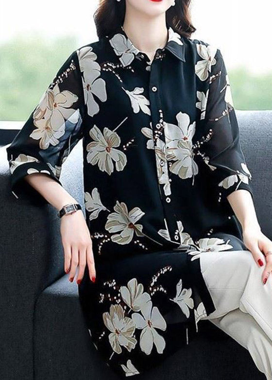 Boutique Black Peter Pan Collar Print Button Chiffon Shirts Long Sleeve