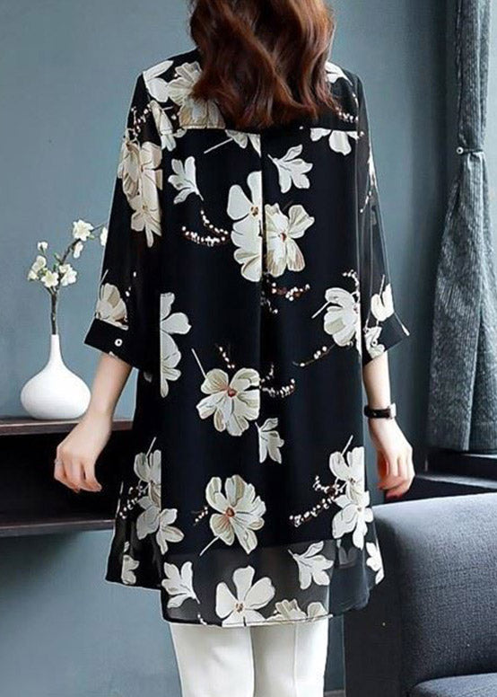 Boutique Black Peter Pan Collar Print Button Chiffon Shirts Long Sleeve