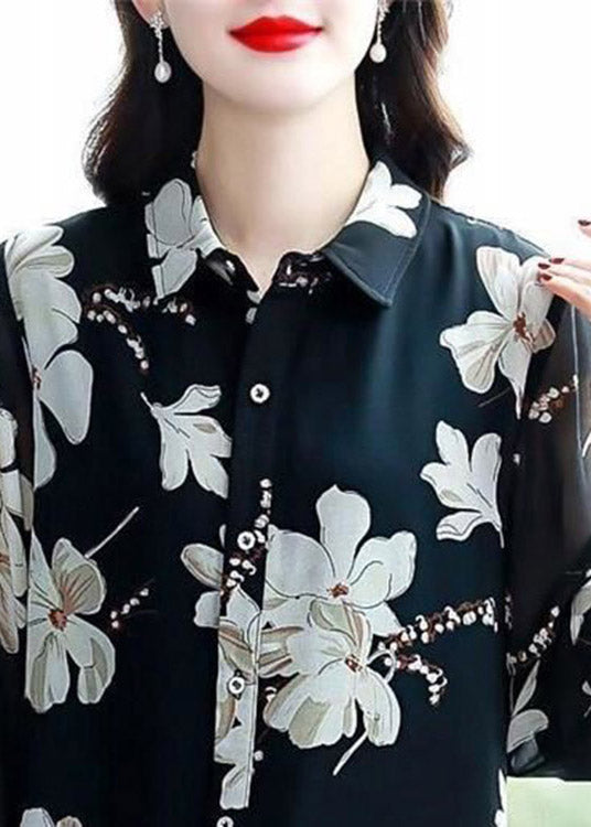 Boutique Black Peter Pan Collar Print Button Chiffon Shirts Long Sleeve