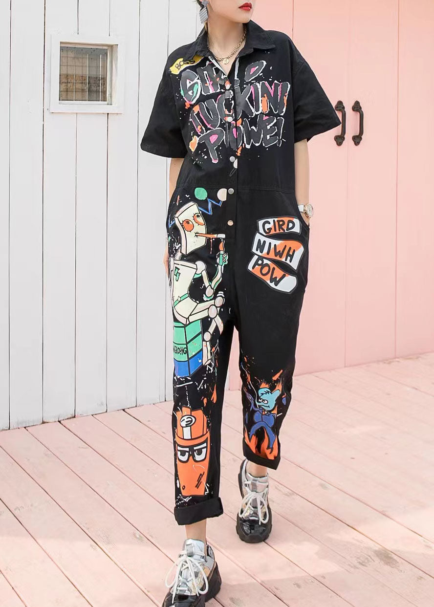 Boutique Black Pockets Cartoon Print Patchwork Cotton Jumpsuits Summer