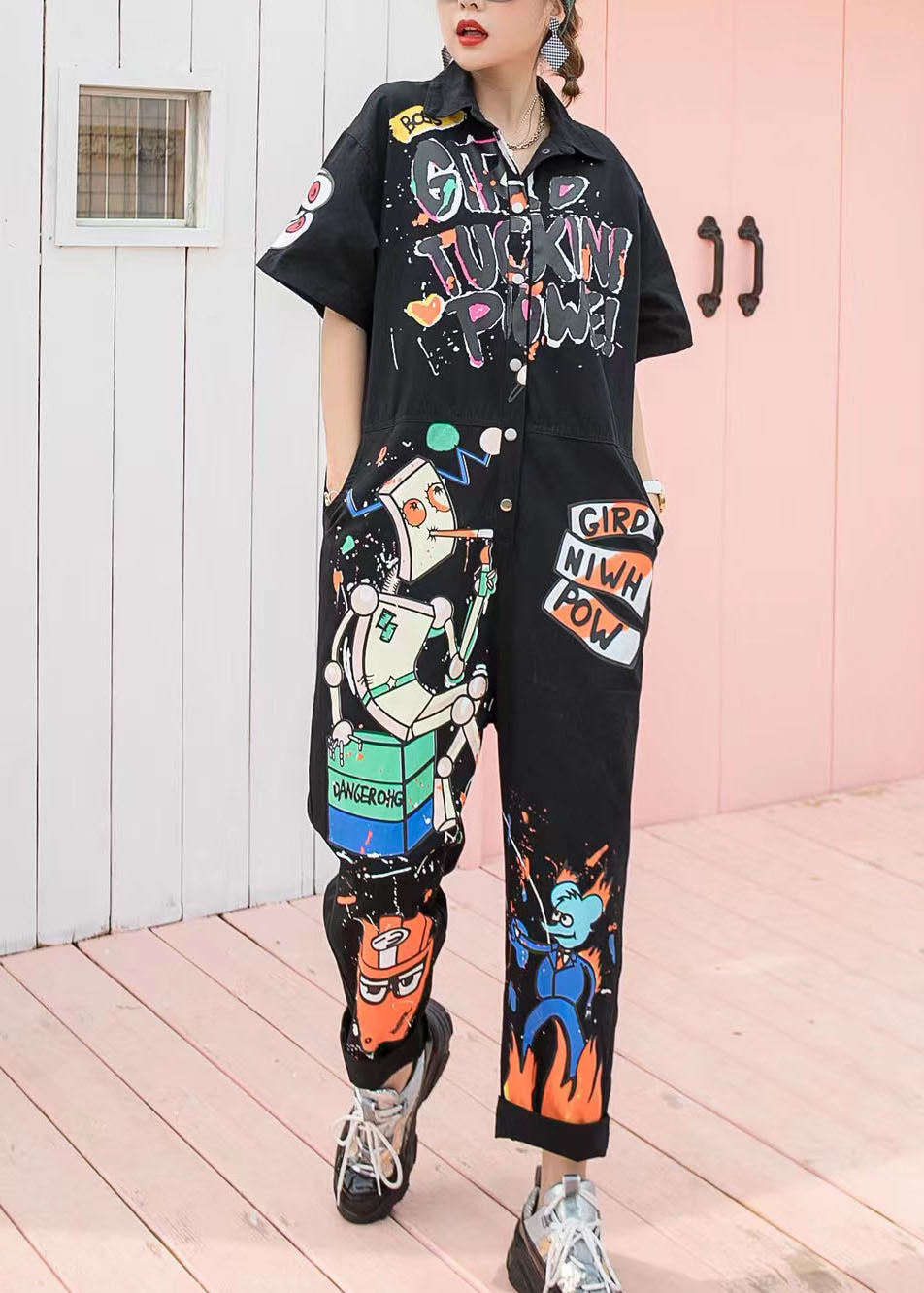 Boutique Black Pockets Cartoon Print Patchwork Cotton Jumpsuits Summer