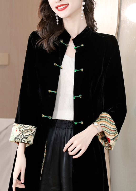 Boutique Black Print Button Long Velour Coat Long Sleeve