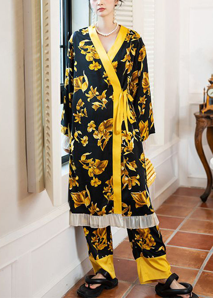 Boutique Black Print Patchwork Ruffles Tie Waist Ice Silk Robe Two Piece Suit Set Spring