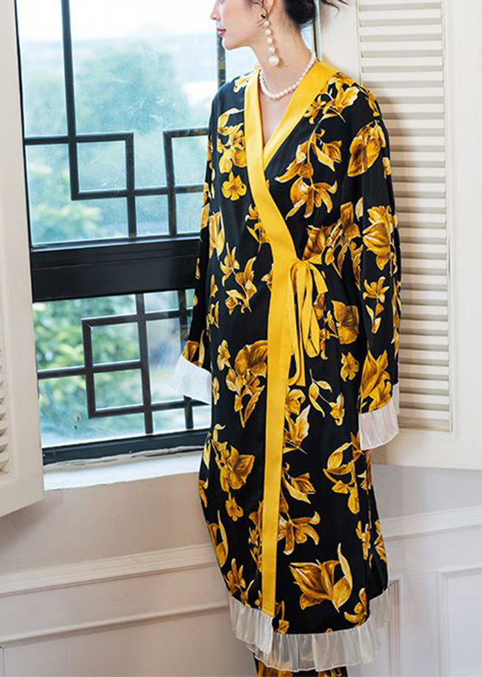 Boutique Black Print Patchwork Ruffles Tie Waist Ice Silk Robe Two Piece Suit Set Spring