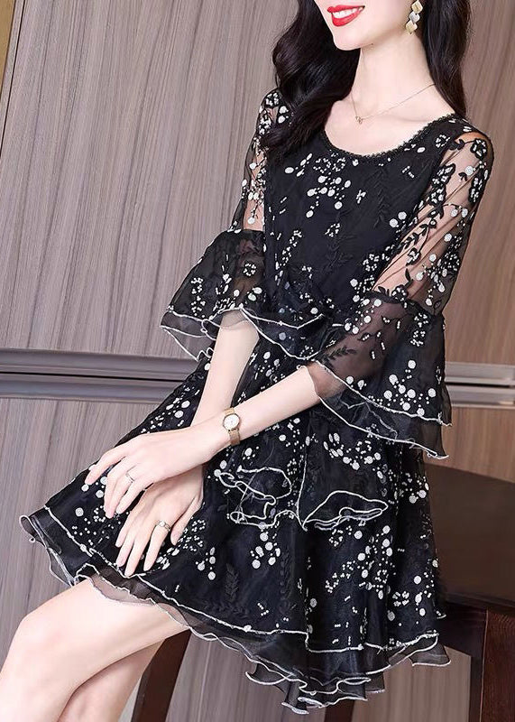 Boutique Black Ruffled Embroideried Patchwork Tulle Dresses Fall