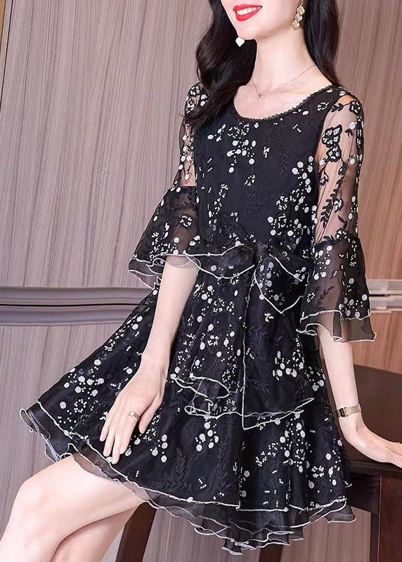 Boutique Black Ruffled Embroideried Patchwork Tulle Dresses Fall