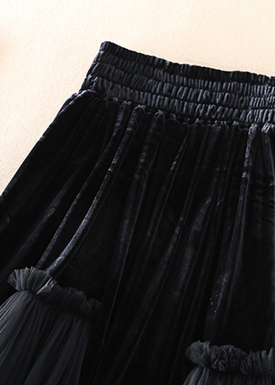 Boutique Black Silk Velour Patchwork Tulle Skirt Spring
