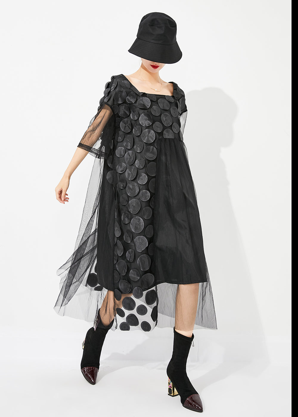 Boutique Black Square Collar Patchwork Hollow Out Tulle Long Dress Summer