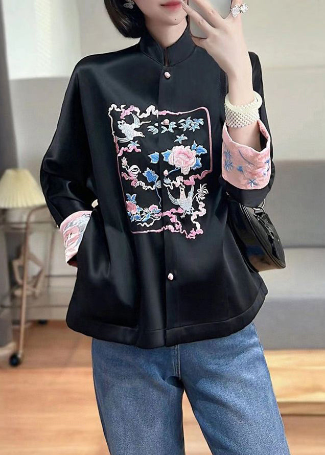 Boutique Black Stand Collar Embroideried Silk Jacket Spring