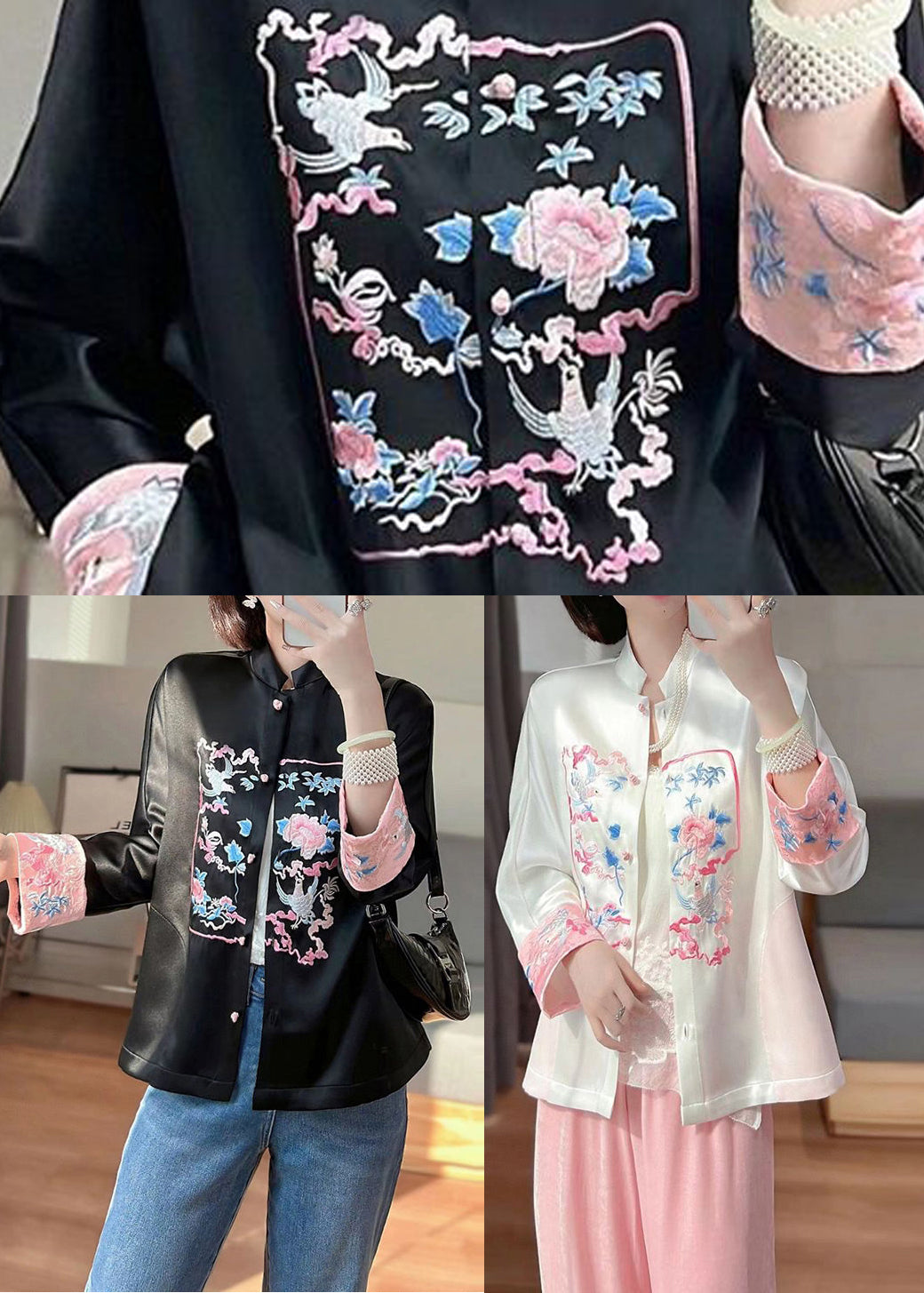 Boutique Black Stand Collar Embroideried Silk Jacket Spring