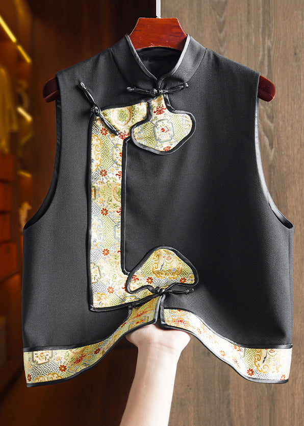 Boutique Black Stand Collar Jacquard Patchwork Woolen Vest Sleeveless