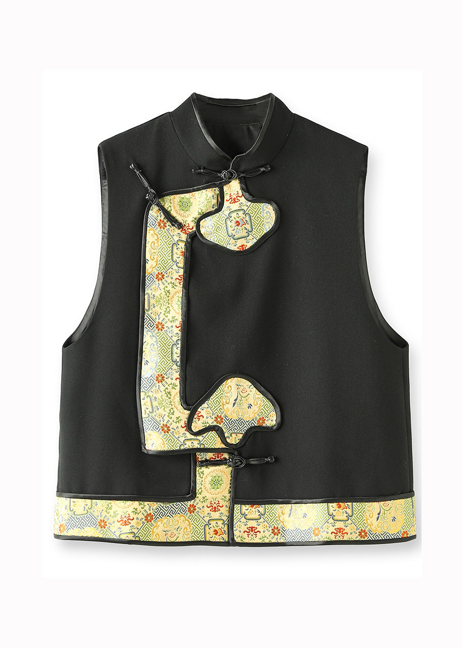 Boutique Black Stand Collar Jacquard Patchwork Woolen Vest Sleeveless