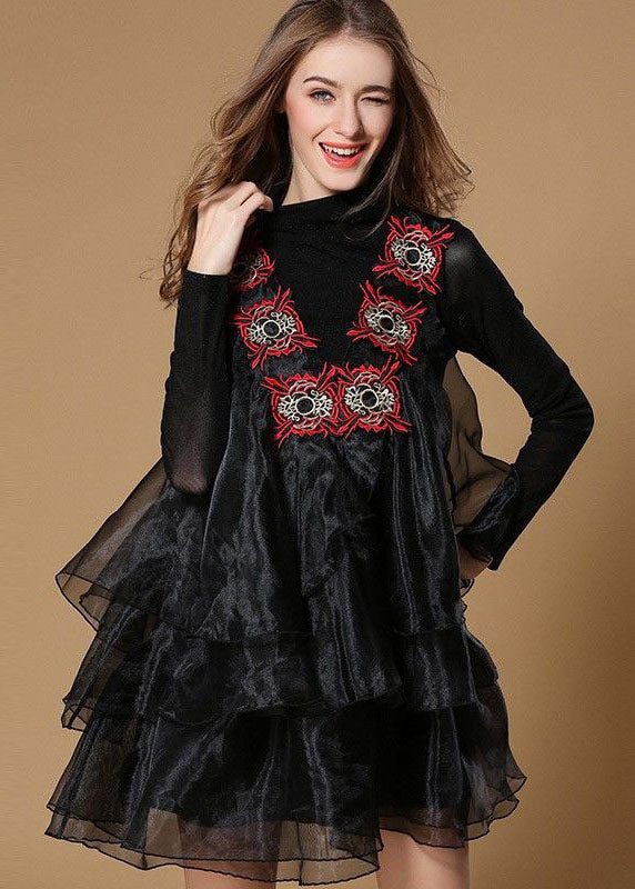 Boutique Black Turtle Neck Embroideried Ruffles Patchwork Organza Mini Dress Spring