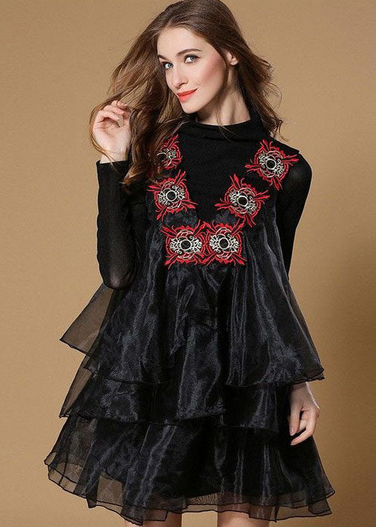 Boutique Black Turtle Neck Embroideried Ruffles Patchwork Organza Mini Dress Spring
