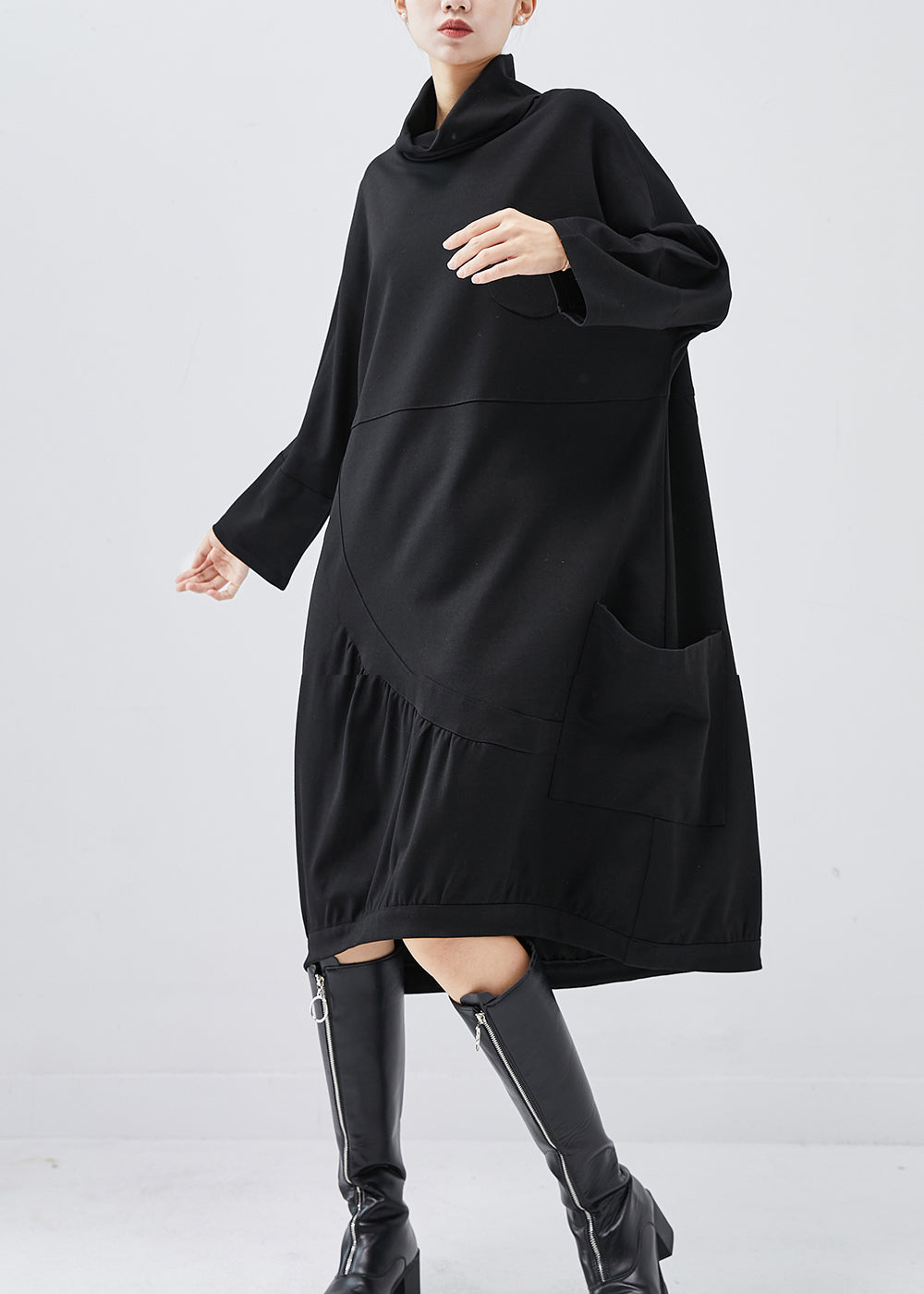 Boutique Black Turtle Neck Patchwork Warm Fleece Dress Winter