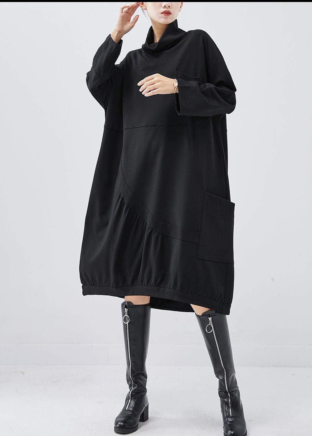 Boutique Black Turtle Neck Patchwork Warm Fleece Dress Winter