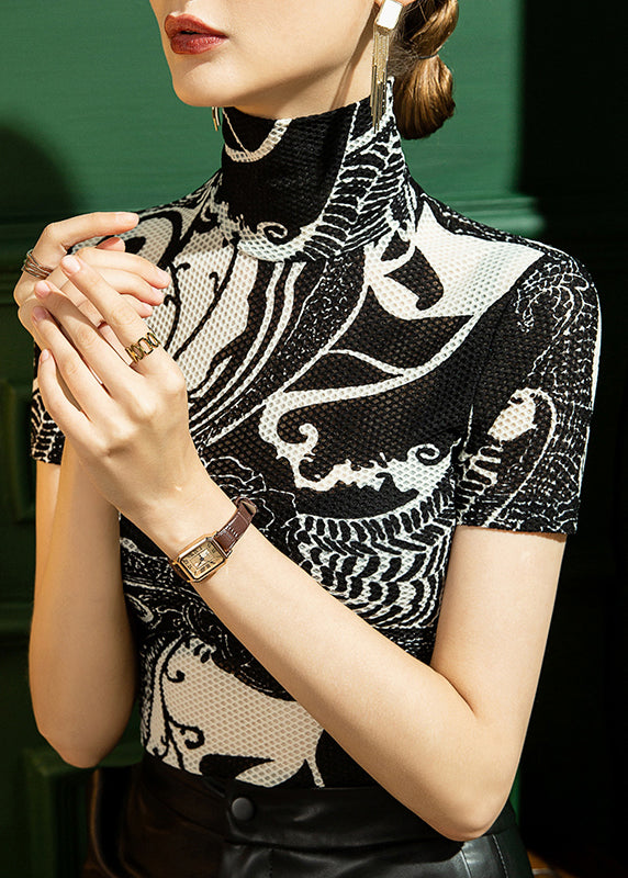 Boutique Black Turtleneck Print Lace Top Short Sleeve