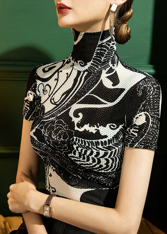 Boutique Black Turtleneck Print Lace Top Short Sleeve
