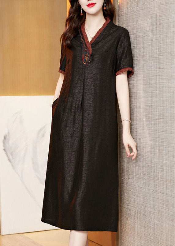 Boutique Black V Neck Embroideried Patchwork Silk Dresses Summer