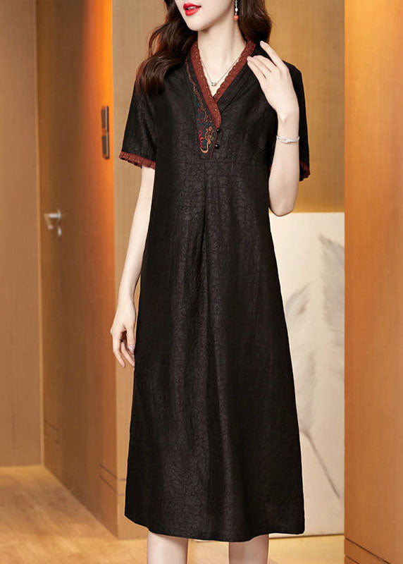 Boutique Black V Neck Embroideried Patchwork Silk Dresses Summer